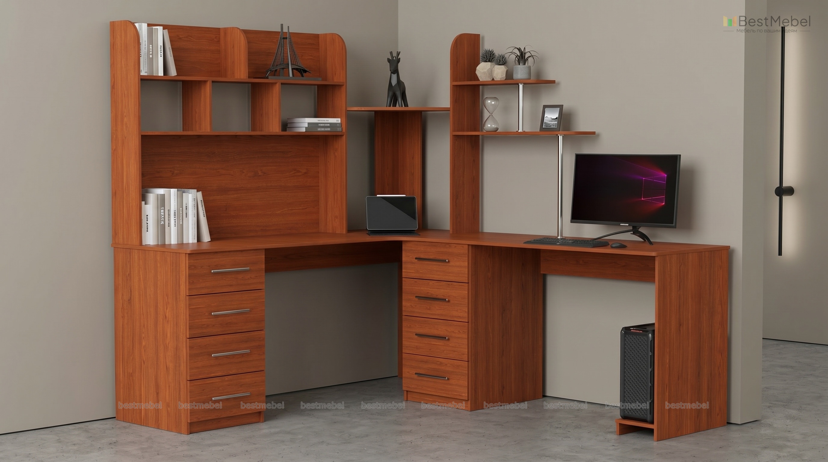 Угловой письменный стол для двоих с надстройкой Юкатан 51 BMS